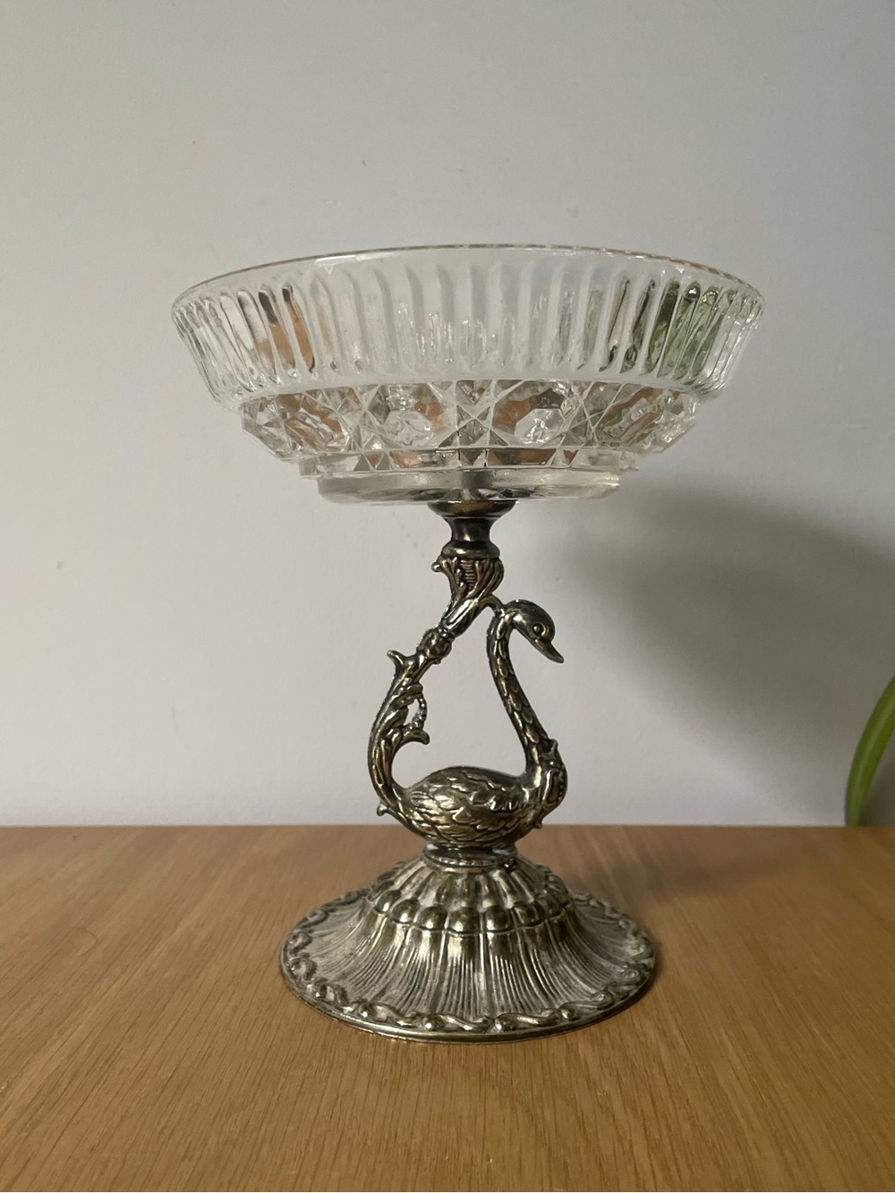 Vintage Glass Compote Trinket Dish Ashtray with Brass Swan Pedestal
